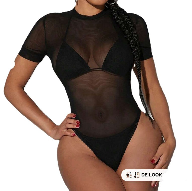 Body net fabric mesh short sleeve - black