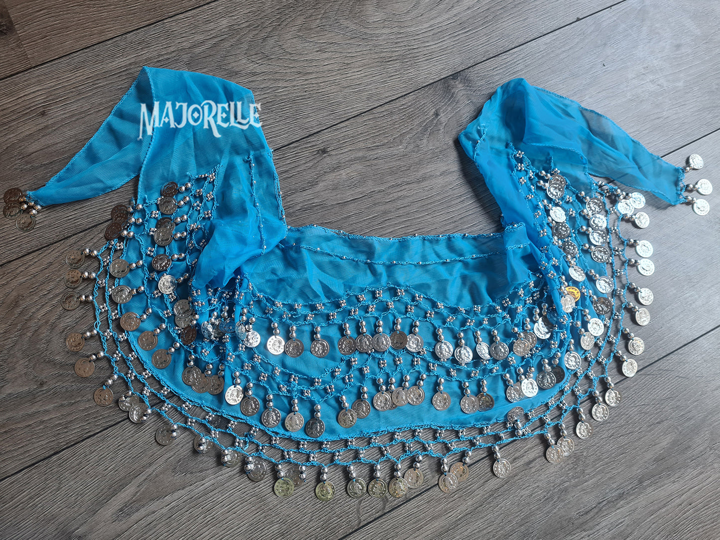 Turquoise hip scarf with silver coins