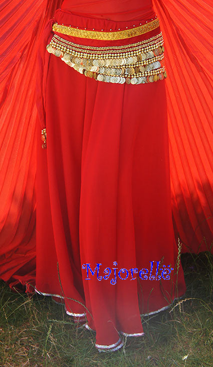 Red belly dance skirt with slit, finished with silver beads.