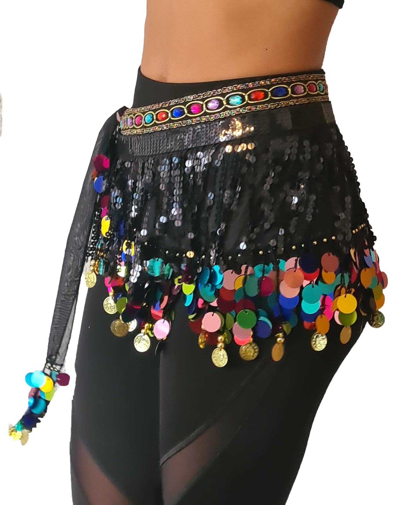 New; Belly dance hip scarf black multi colour