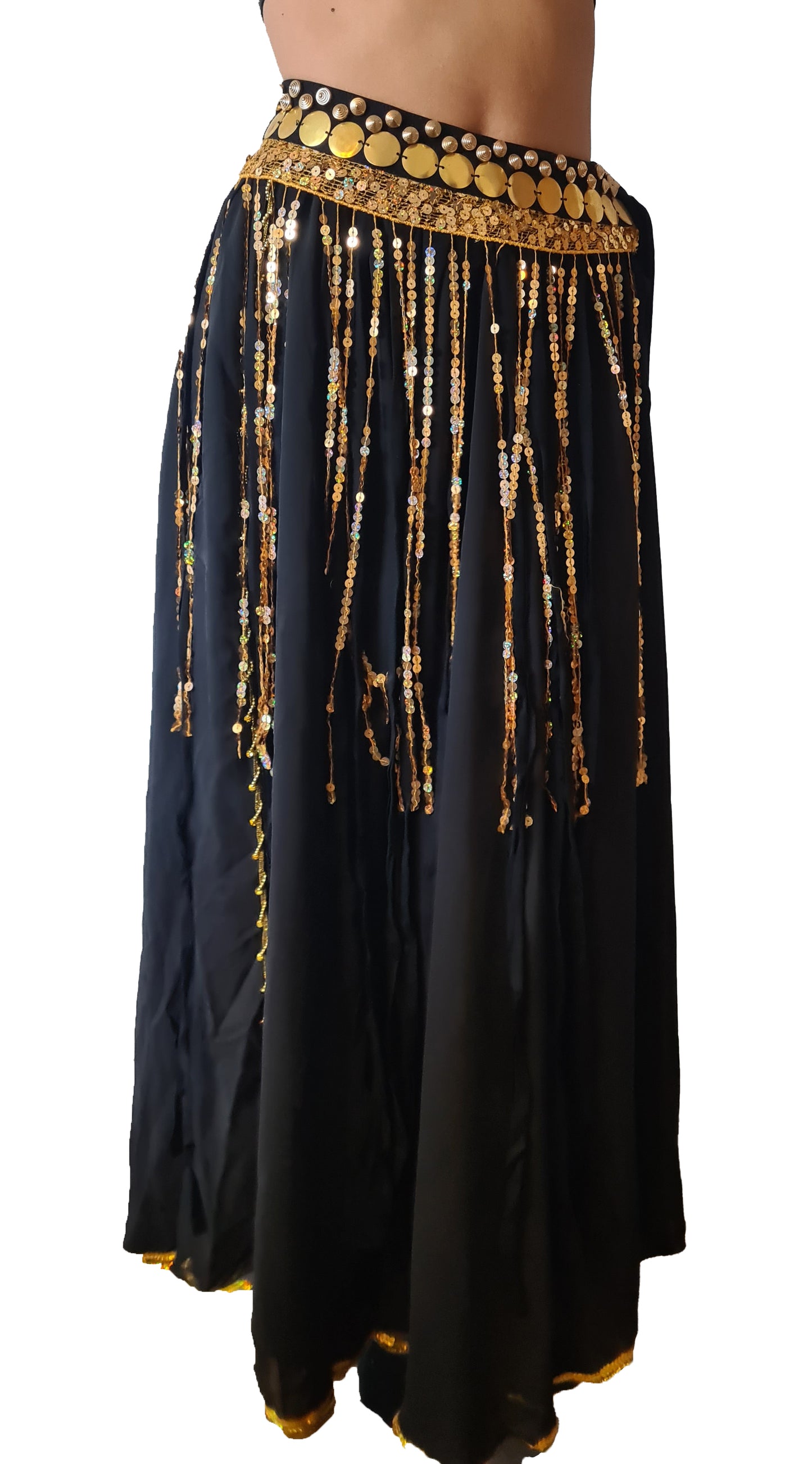 Belly Dance Hip Scarf Black with Long Gold Strands