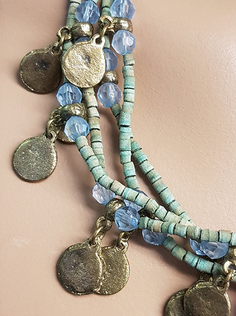 Beautiful necklace with soft blue-green beads and old coins