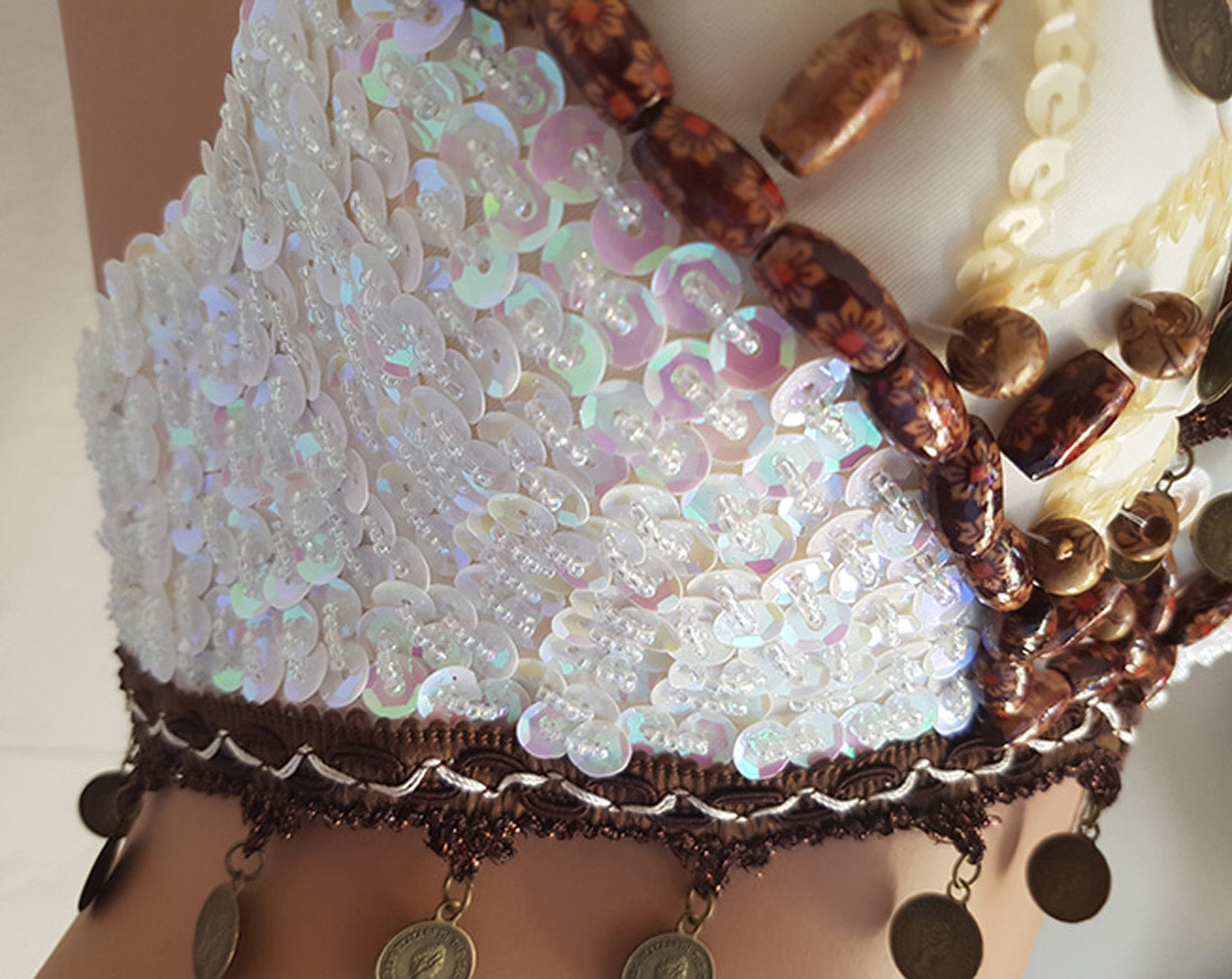 Tribal bra with coins and sequins in white