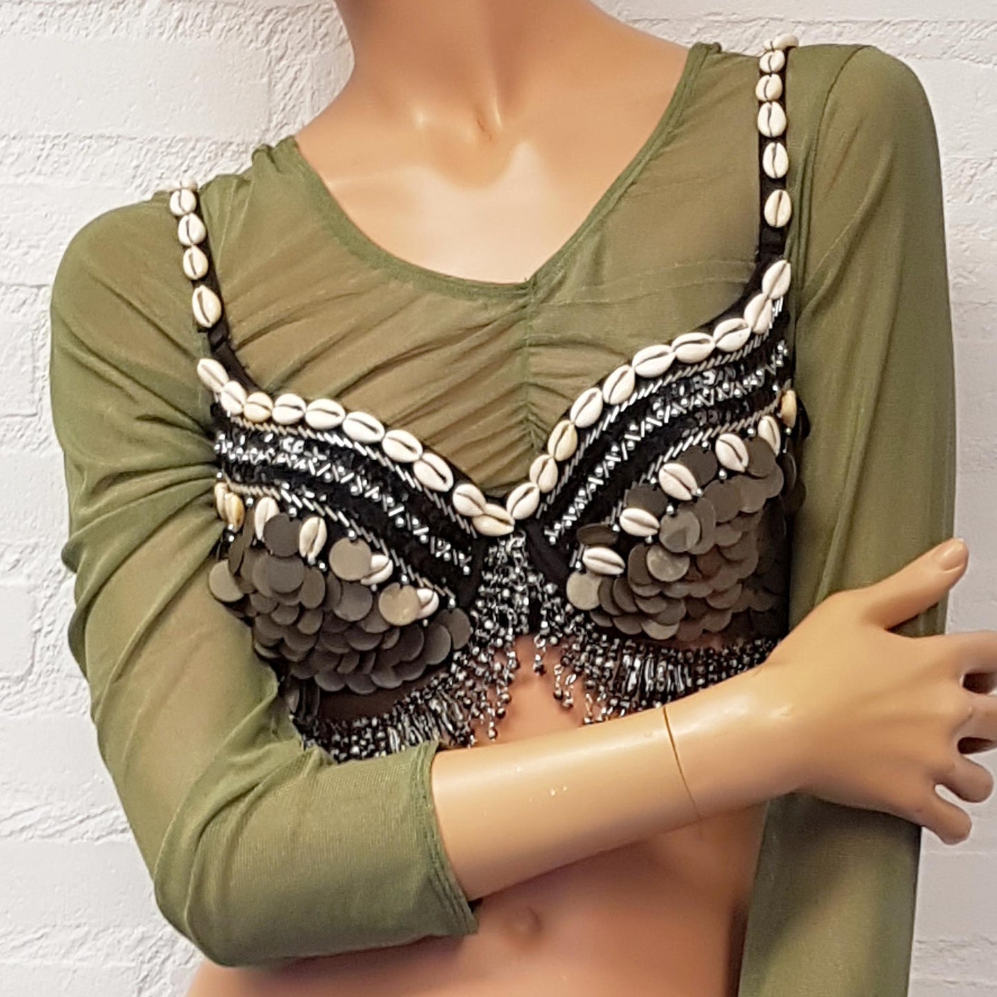 Super sale! Croptop netstof in olijfgroen