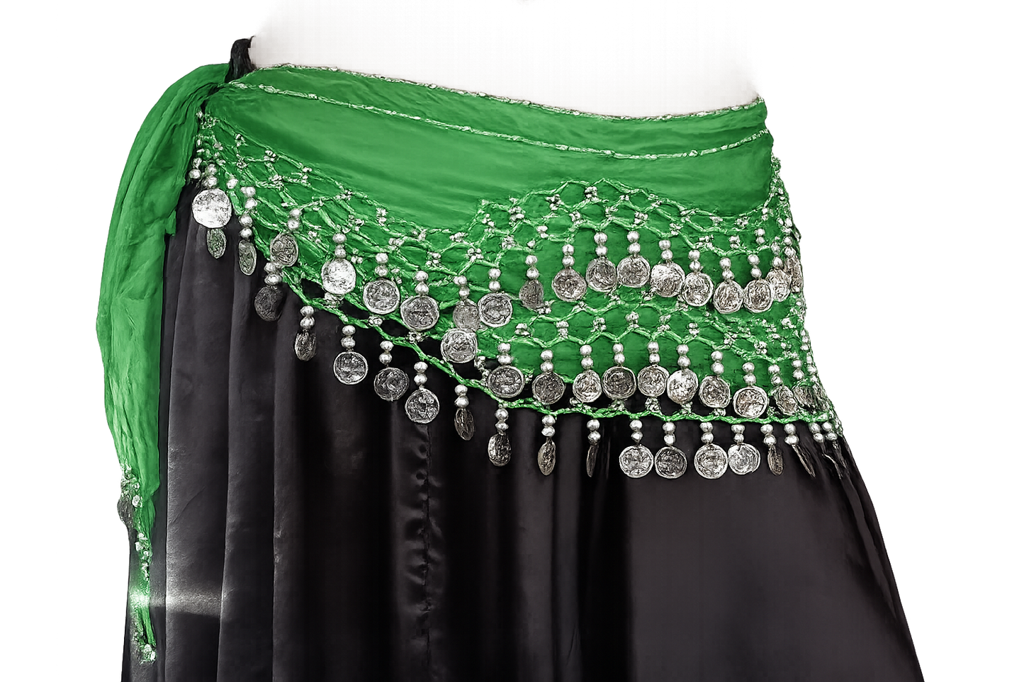 belly dance hip scarf green silver