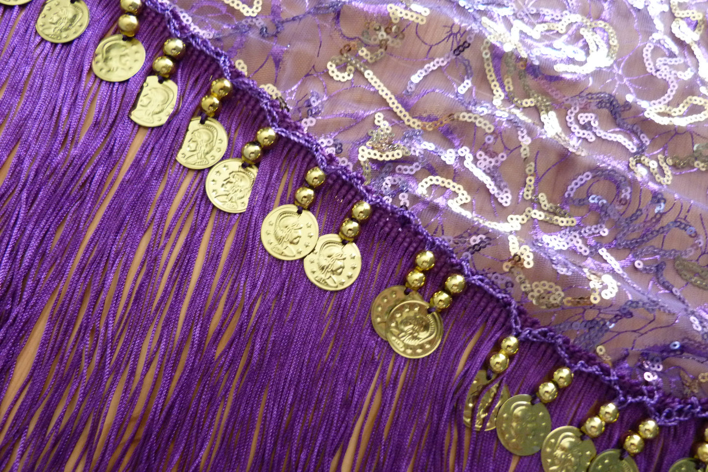 Hip scarf purple with gold lines and coins