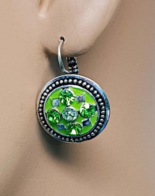 Round green earrings with rhinestones
