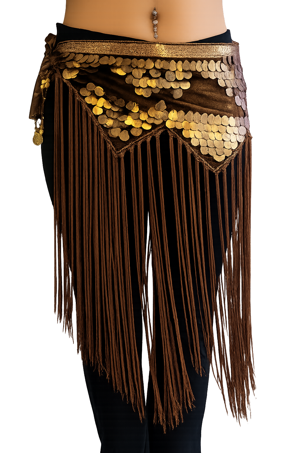 Tribal heupsjaal met koperen schelpjes in bruin