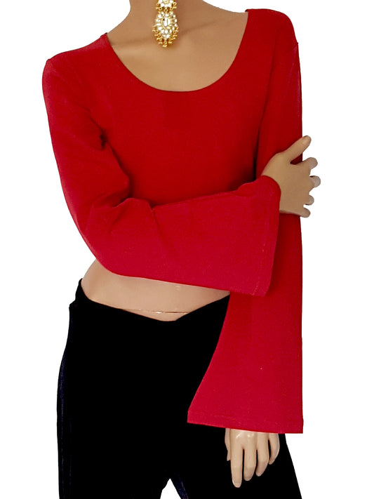 Belly dance tie top in burgundy with three-quarter sleeves.