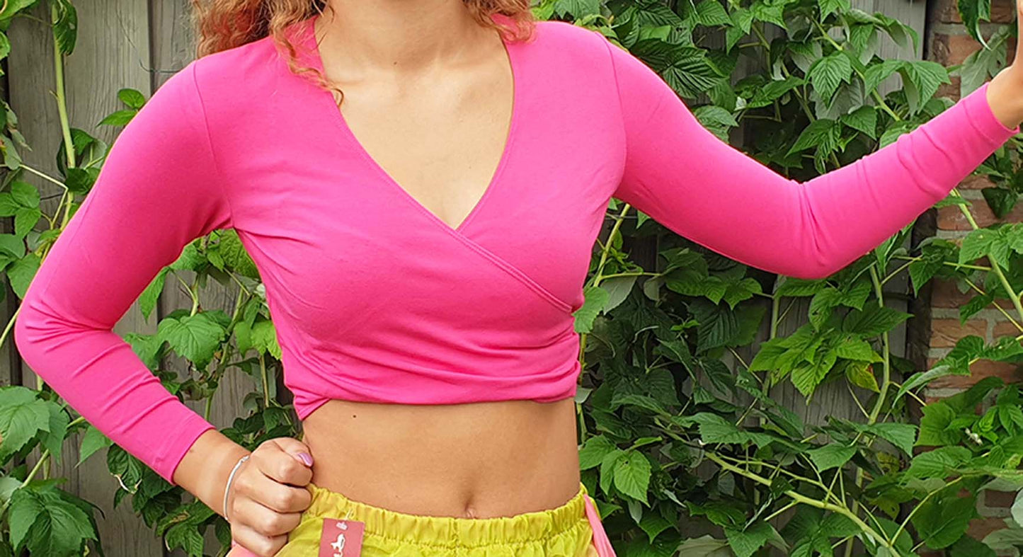 SALE Belly dance tie top in fuchsia with long sleeves