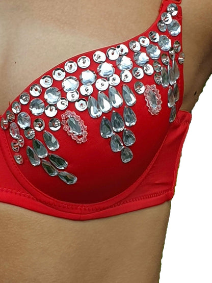 Buikdans BH rood met grote glasstenen,