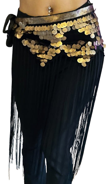 Tribal fringed hip scarf in black