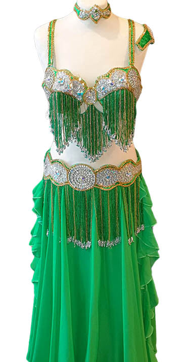 Belly dance costume green - Belt and bra, with jewelry