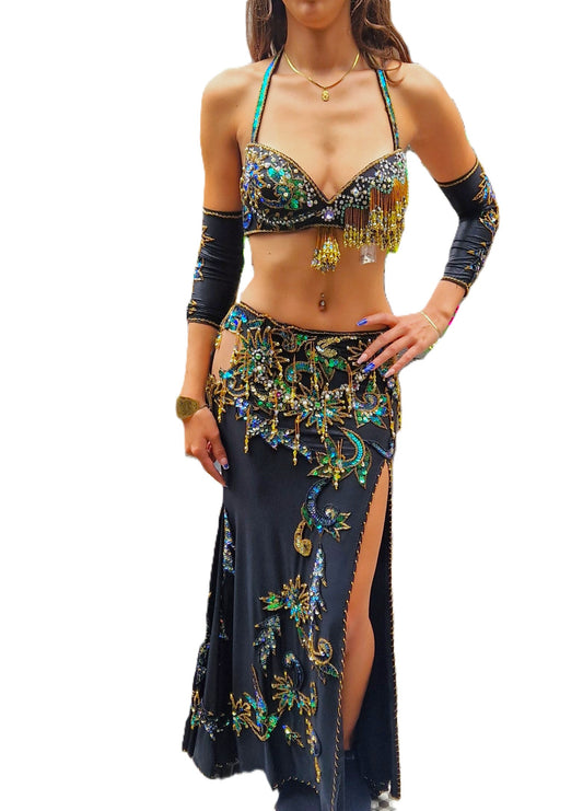 Belly dance costume black with green mother of pearl and gold sequins