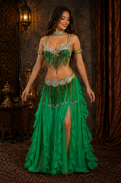 Belly dance costume green - Belt and bra, with jewelry