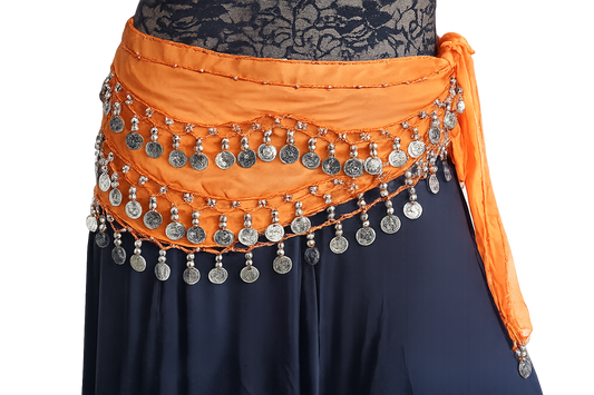Belly dance hip scaf orange silver