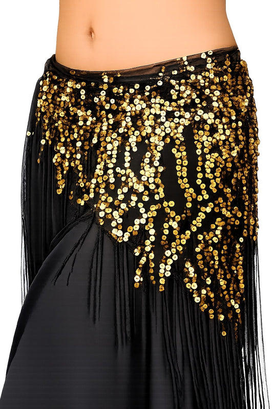 Long hip scarf in black with gold sequins