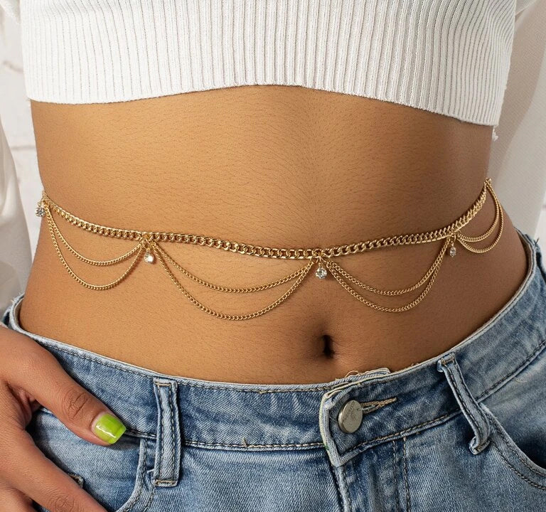 Belly chain / Wavy Hip chain gold with little rhinestones