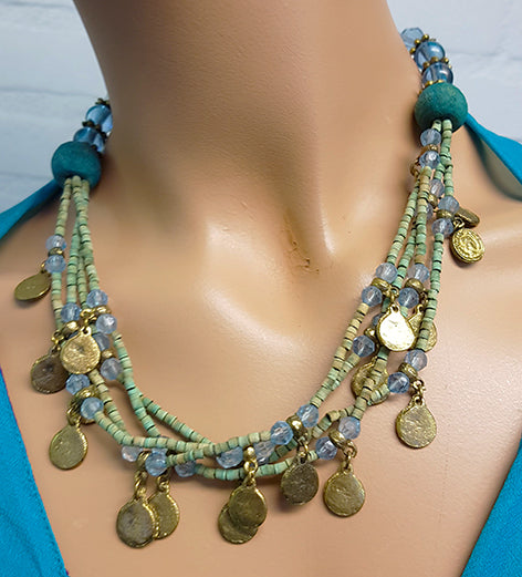 Beautiful necklace with soft blue-green beads and old coins