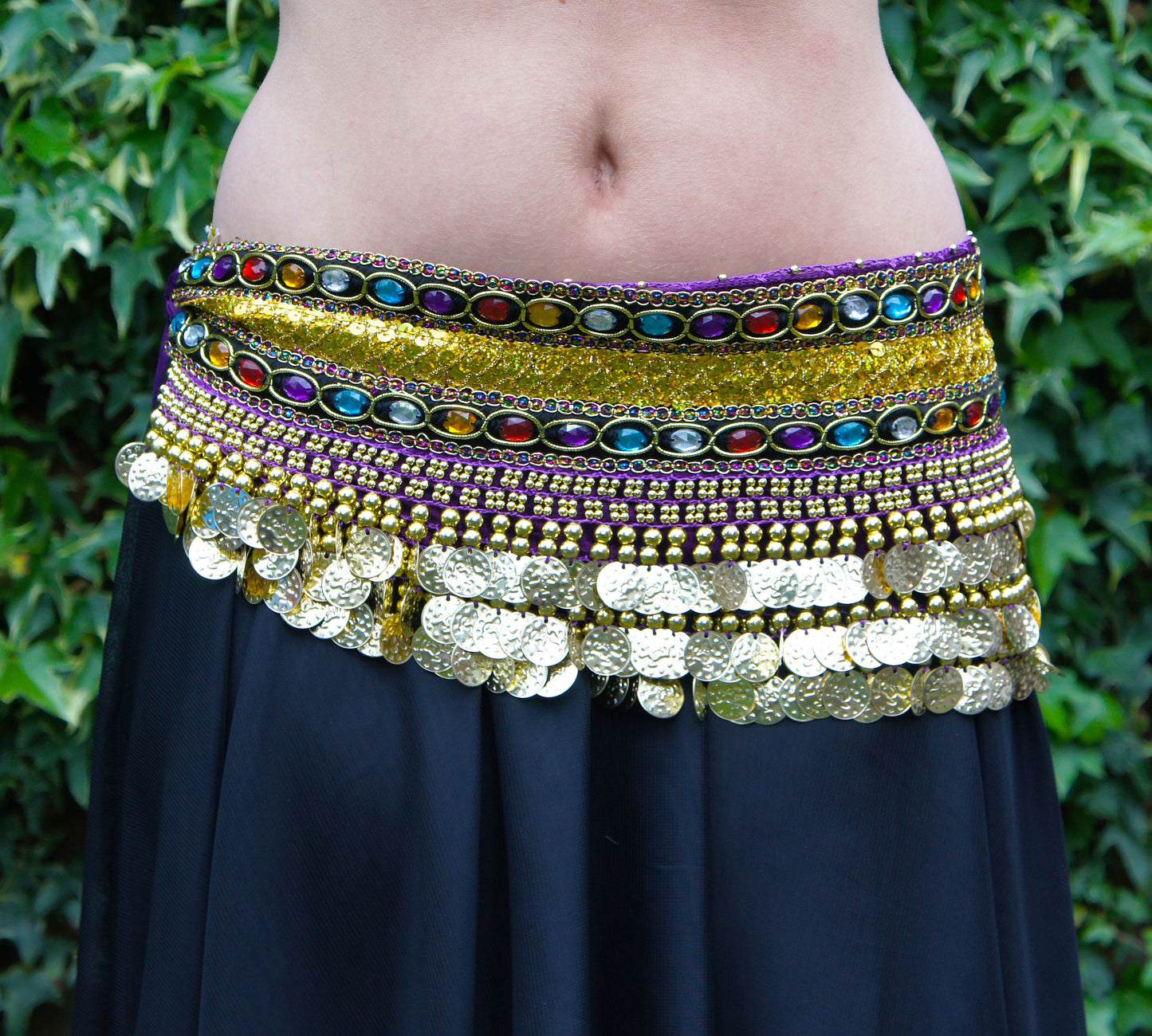 Belly dance hip scarf purple with colored stones.