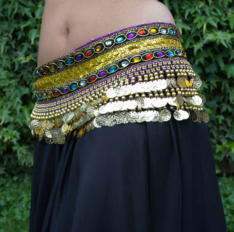 Belly dance hip scarf purple with colored stones.