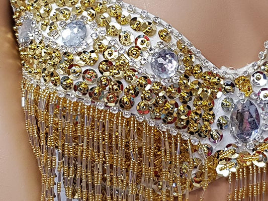 Bra with gold sequins and silver rhinestones. Cup A