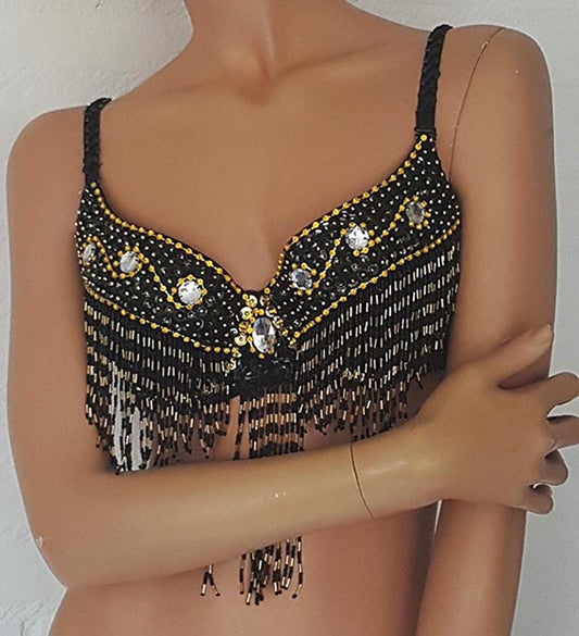 Black bra with gold sequins and silver rhinestones