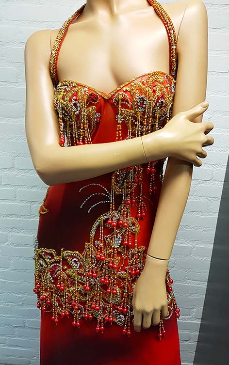 One-piece belly dance dress with bra.