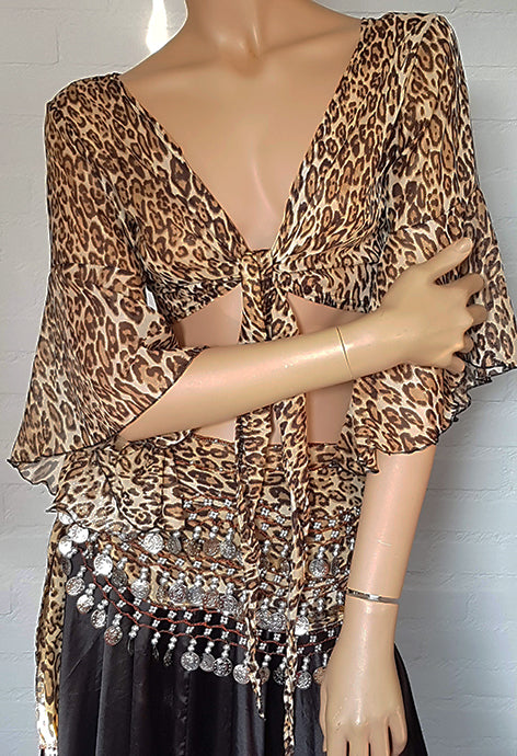 Cute leopard print chiffon tie top with butterfly sleeves