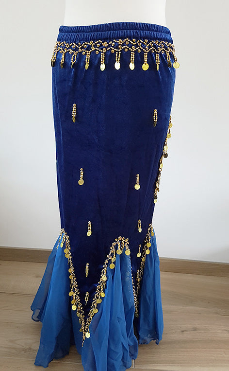 Blue velvet belly dance skirt with gold accents
