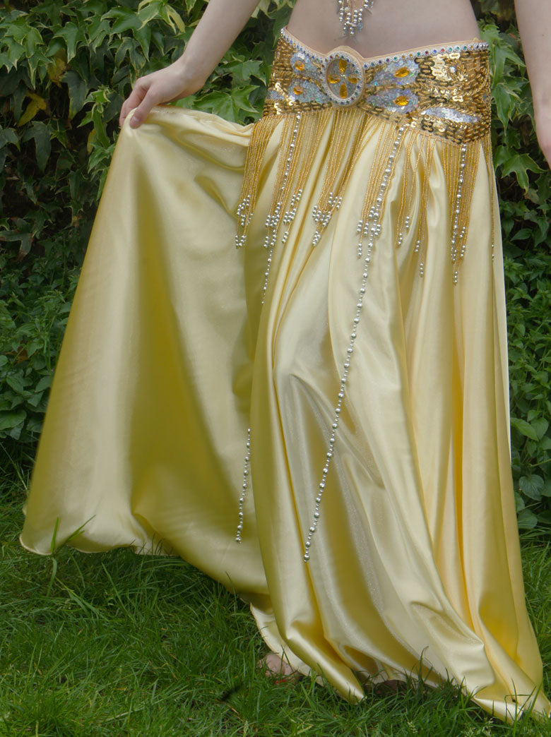 Beautiful wide satin skirt without split. Belly dance skirt in light gold