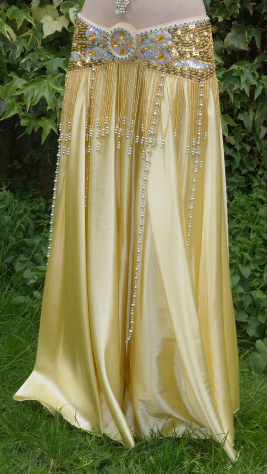 Beautiful wide satin skirt without split. Belly dance skirt in light gold
