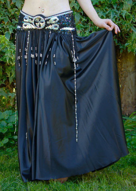 Wide satin skirt in black