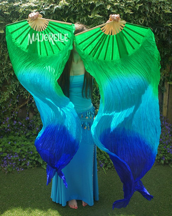 Silk fanveils  in green turquoise blue
