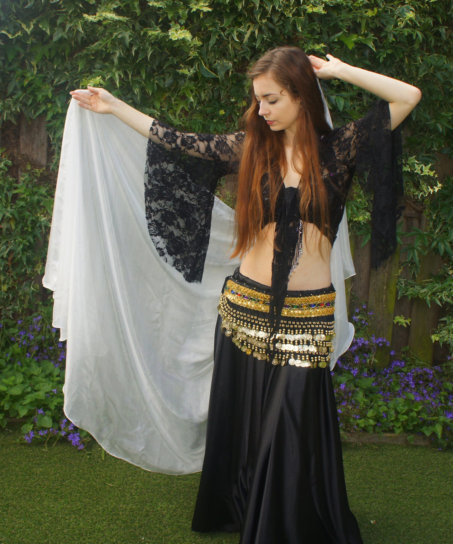 Silk belly dance veil white half round