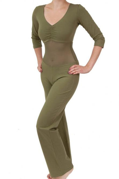 Buikdans Catsuit olijfgroen met versterkt buiknet. Maat XS, S, 2XL en 3XL