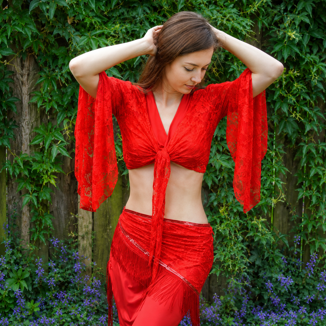 Top made of all-over lace stretch fabric in red