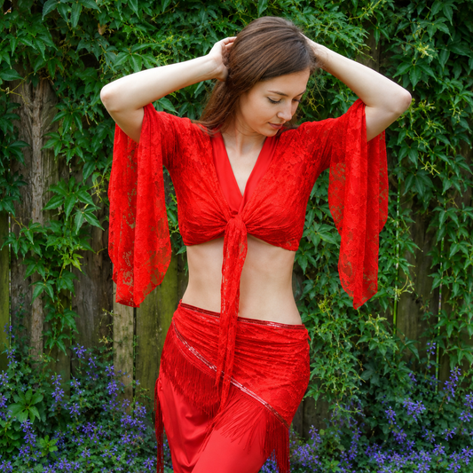 Top uit geheel kanten stretch stof in rood