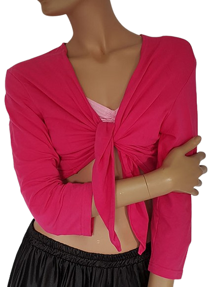 Belly dance top in fuchsia with three-quarter sleeves.