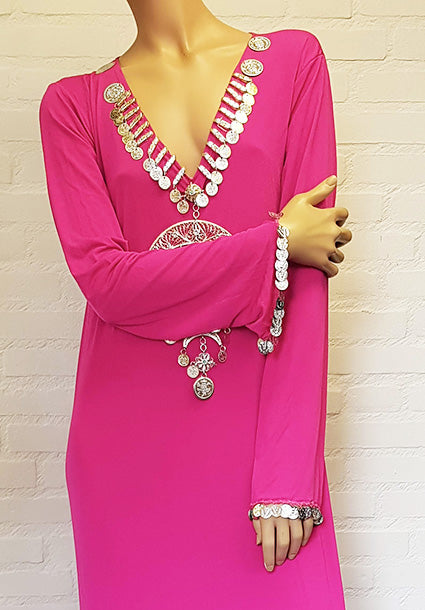 Beautiful Hagalla dress in fuchsia with half moon necklace in silver.