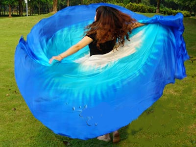 Silk veil half round tie dye with the colors; white turquoise blue