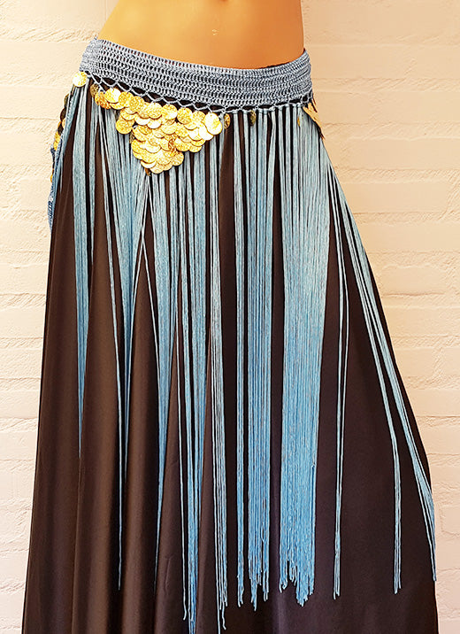 Hip scarf with long fringes and coins