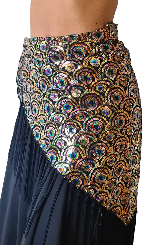 Belly dance hip scarf 'peacock' black gold without coins