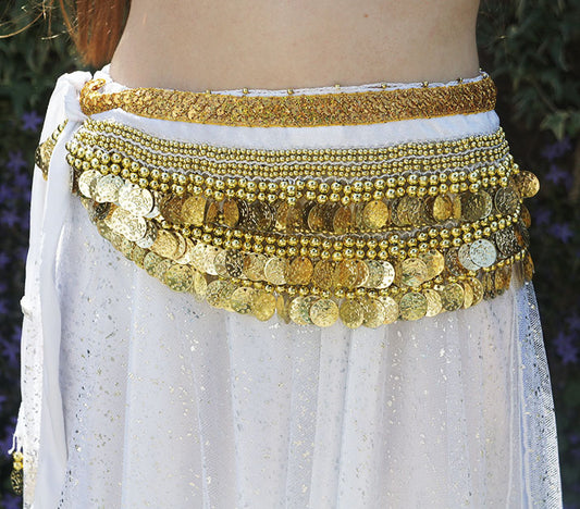Belly dance hip scarf in white with gold band