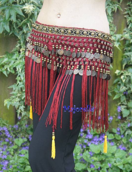 Tribal hip scarf with fringes and some tassels burgundy