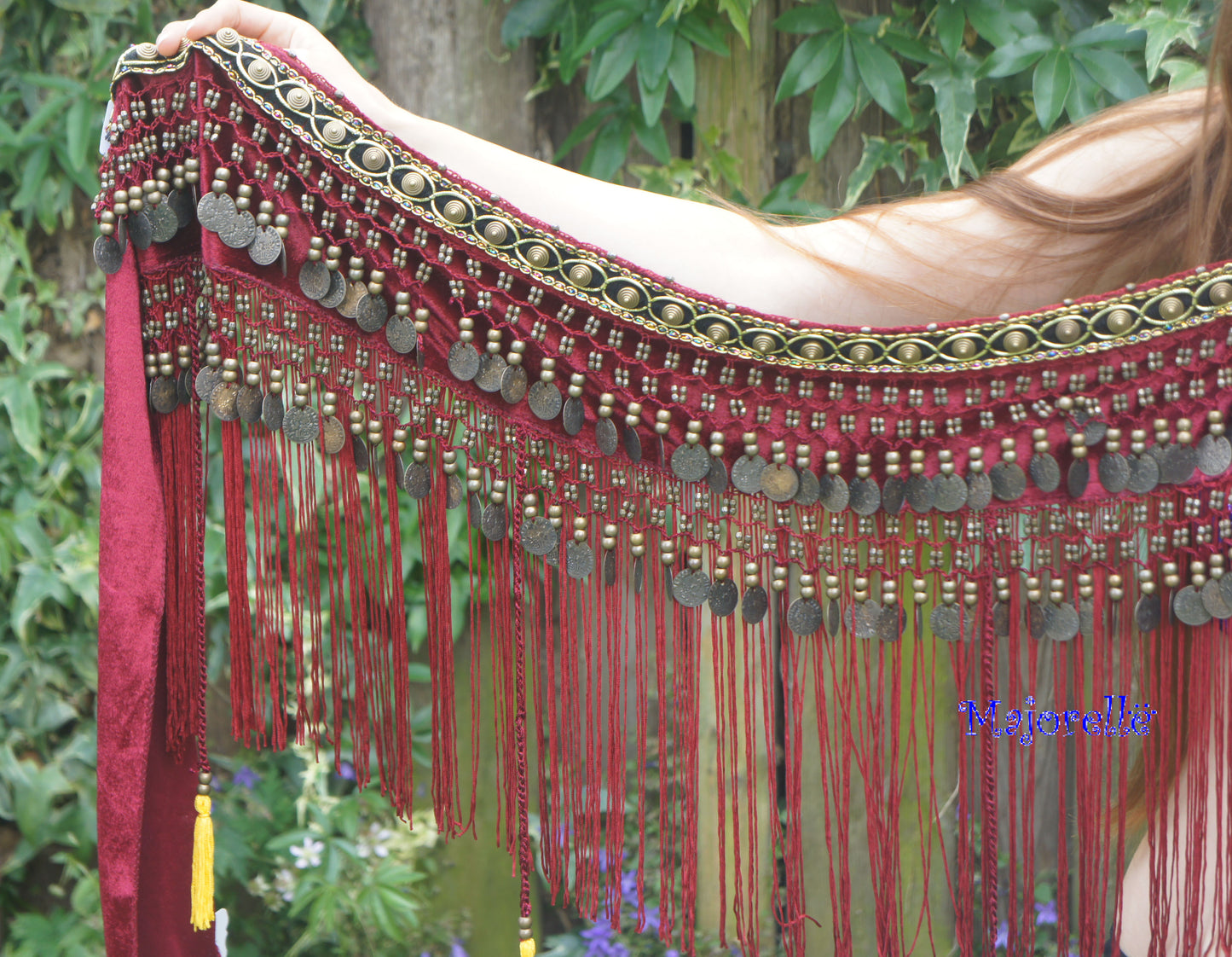 Tribal hip scarf with fringes and some tassels burgundy