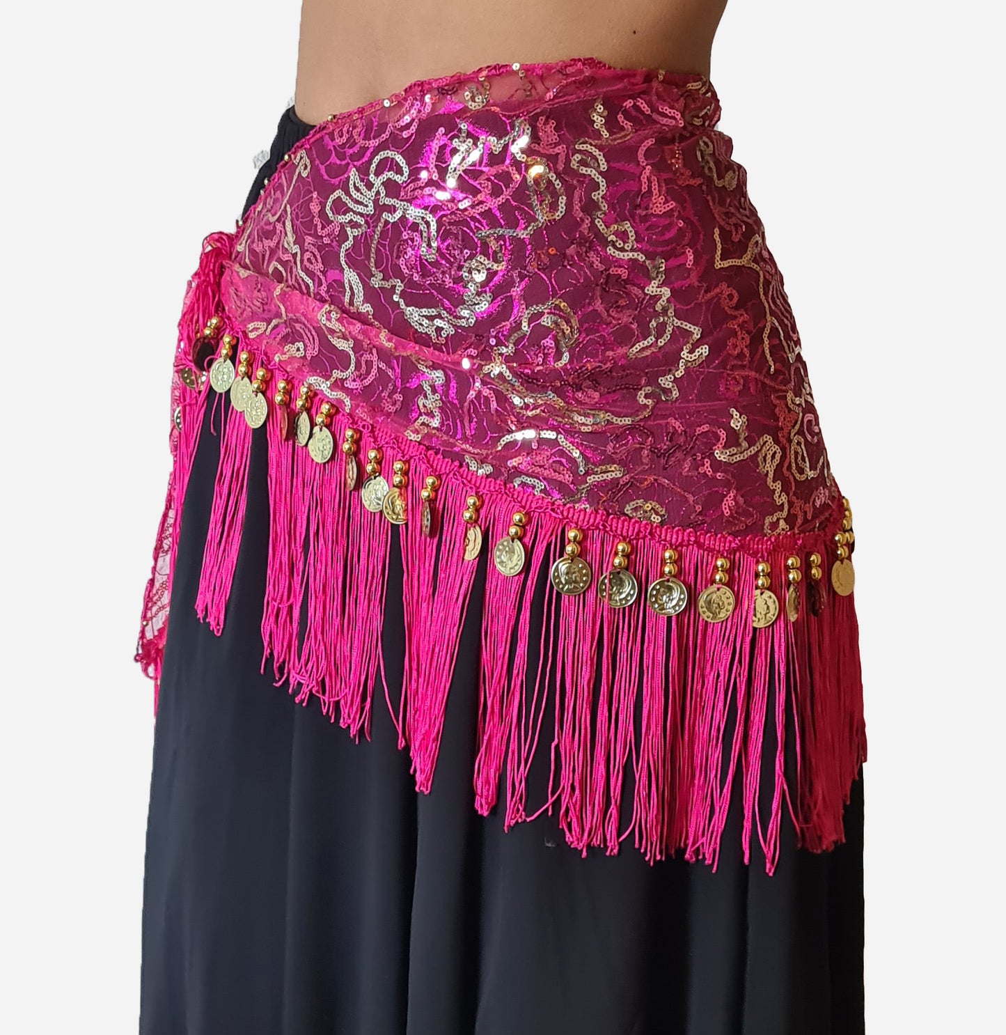Hip scarf fuchsia with gold lines and coins