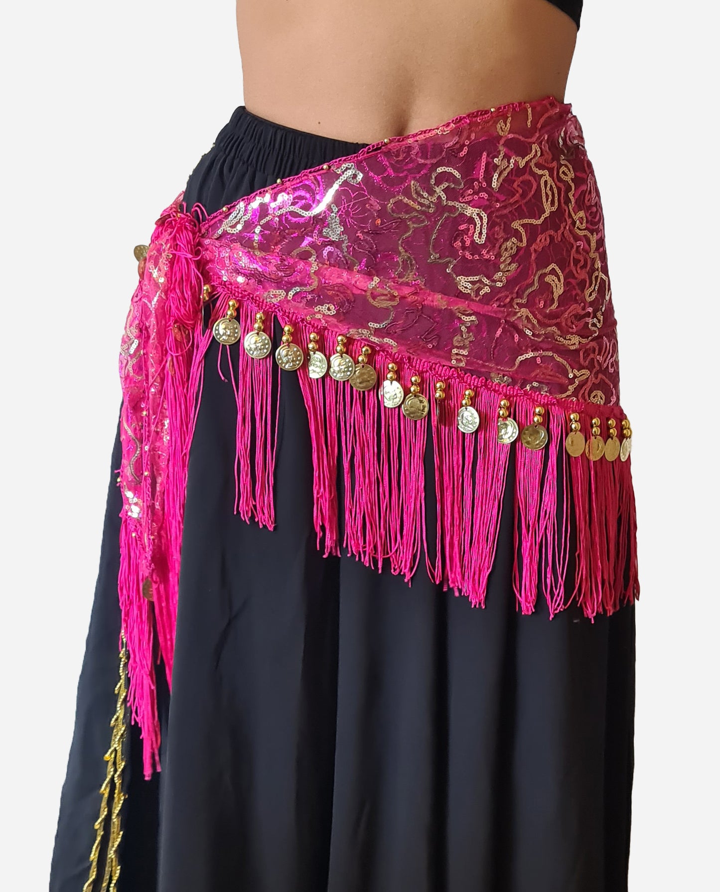Hip scarf fuchsia with gold lines and coins