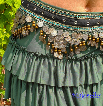 Tribal hip scarf with dark coins in green