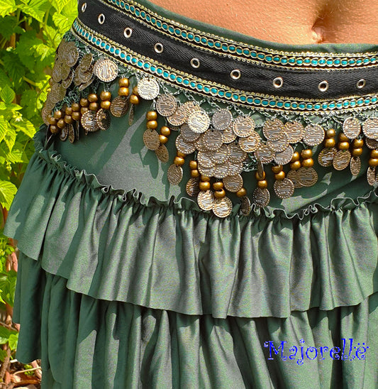 Tribal hip scarf with dark coins in green